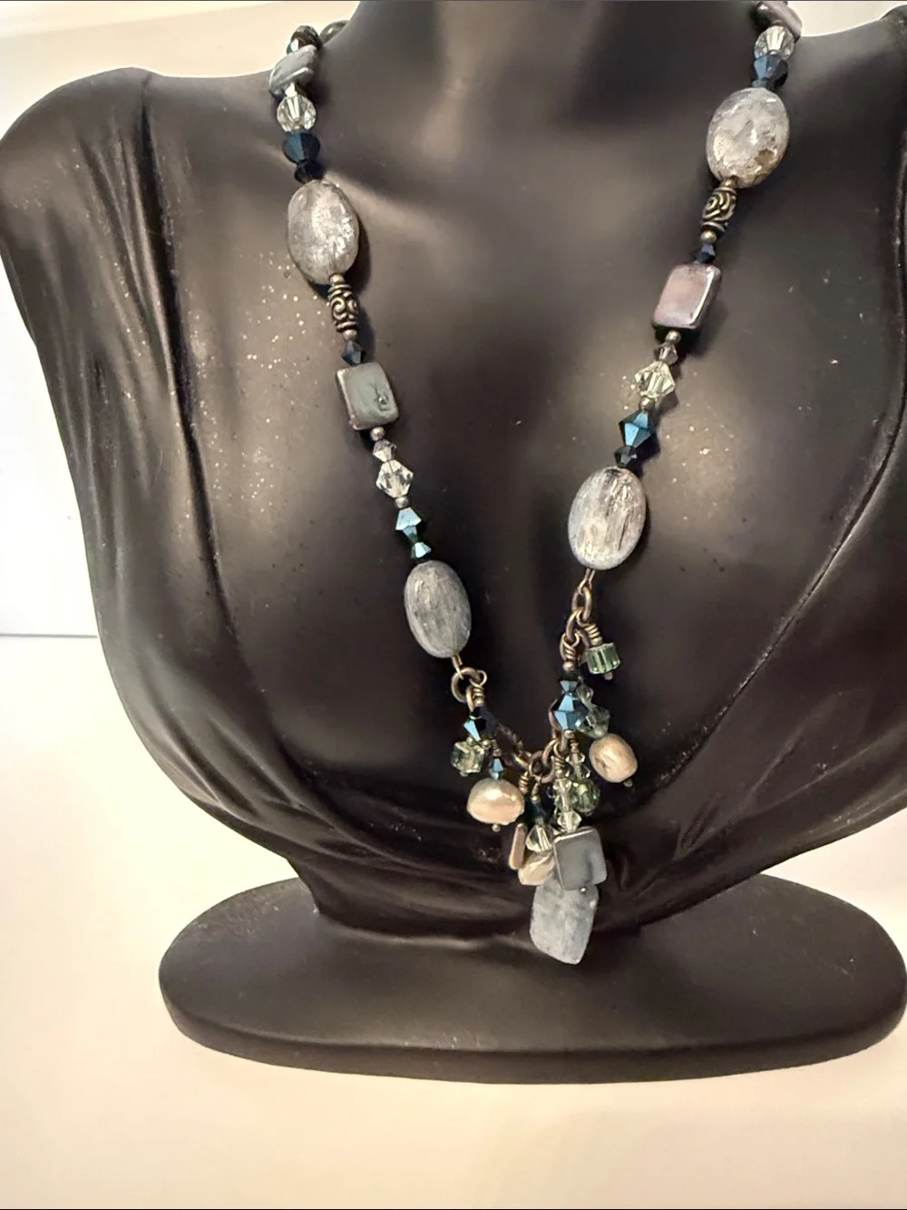 TRES JOLIE NECKLACE PEARL BLUE BEADED SWAROVSKI CRYSTAL STERLING SILVER 16”